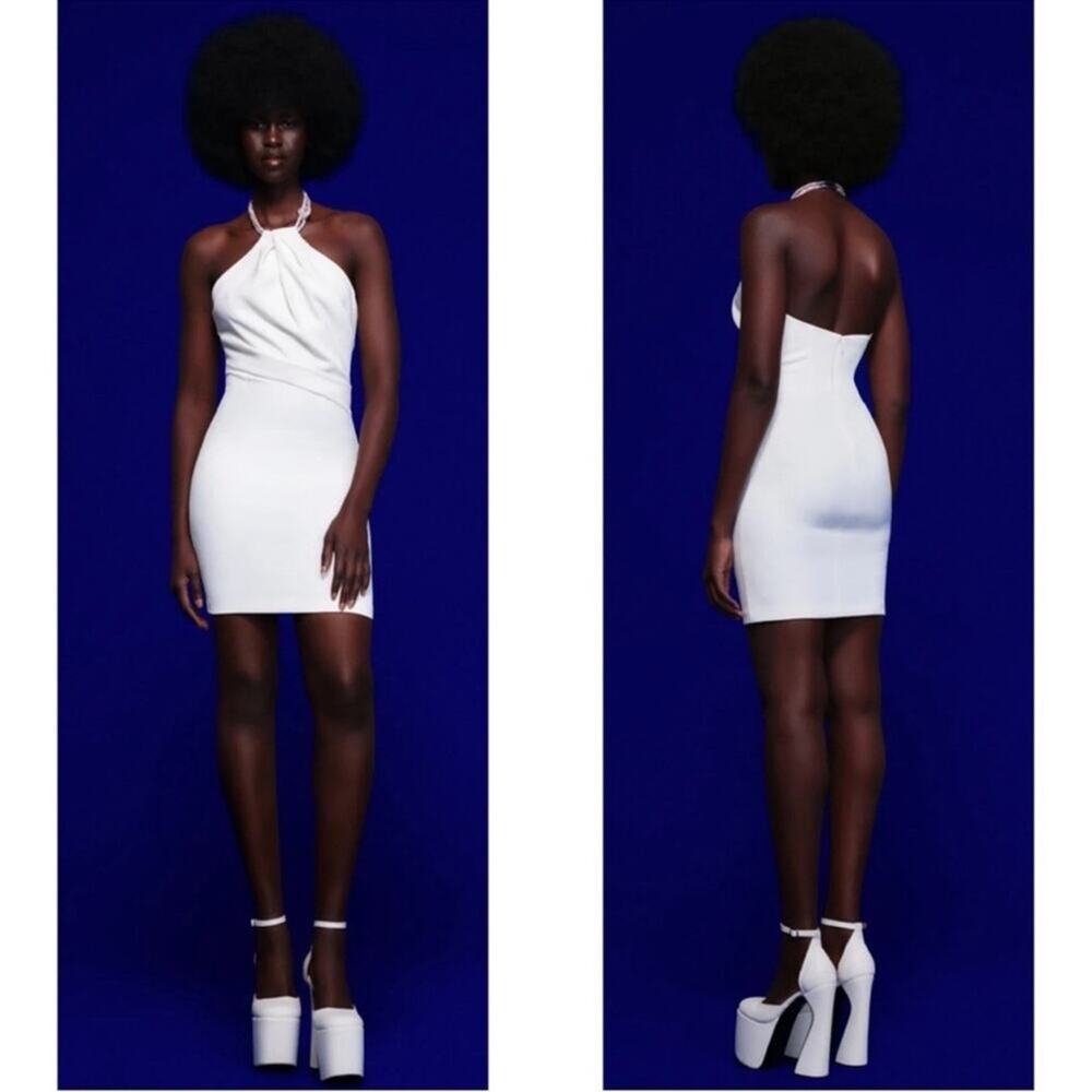 SOLACE LONDON Kami Halter Neck Crystal Embellished Cream White Mini Dress Size 4